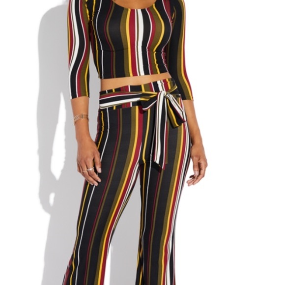 2 PCS MULTI STRIPE CROP TOP HIGH RISE PANT SET - Picture 10 of 11